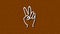 Animation of white neon peace sign hand, on brown background