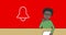 Animation of white ringing bell icon and schoolboy writing on red background