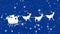 Animation of white silhouette of santa claus in sleigh being pulled by reindeer with snow falling on