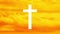Animation of white silhouette of white Christian cross over orange and yellow clouds