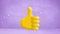 Animation of white spots of light floating over yellow thumb up like emoji on pale purple background