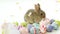 Animation of white and yellow flower petals falling over Easter bunny and eggs