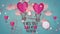 Animation of will you be my valentine text over hearts, clouds and molecules