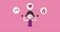 Animation of woman or girl black curly hair with purple sport cloth hold dumpbell on hand and pink background. Workout help good