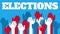 Animation of word Elections with red, white and blue hands rising on blue background.