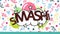 Animation of the word smash on cloud with floating balloons and streamers on white