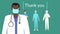 Animation of a words Thank You flashing on green background with pictograms of medical staff