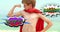 Animation of wtf and smash text in retro speech bubbles over caucasian boy dressed as superhero