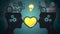 Animation of yellow heart and light bulb between two silhouetted human heads with cogs working on bl