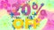 Animation of yellow and pink text 20 percent off, with smiley face flowers on green and pink