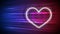 Animation of yellow pink and white concentric neon hearts flashing on pink and blue beams of light