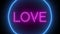 Animation zoom flashing neon sign `Love`