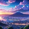 Anime background of glowing city panorama at