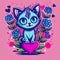 Anime Blue cat with Hearts, flowers. Asian illustration AI
