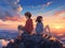 Anime boy with his girlfriend both sitting on a top of a mountain, sunset view beautiful sky