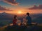Anime boy with his girlfriend both sitting on a top of a mountain, sunset view beautiful sky