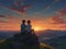 Anime boy with his girlfriend both sitting on a top of a mountain, sunset view beautiful sky