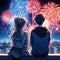 An anime couples of lovers seeing the fireworks on a rooftop, anime style, colorful, wallpaper, t-shirt art, design
