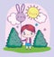 Anime cute boy with balloon shaped rabbit outdoor