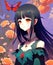 An anime cute girl with dark hair with butterflies and flowers romantic fantasy giapponese character illustration