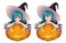 Anime cute witch with blue hair sitting on Jack o lantern.