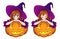 Anime cute witch with red hair sitting on Jack o lantern.