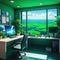 anime desktop interior in a room overlooking a green
