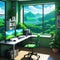 anime desktop interior in a room overlooking a green