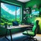 anime desktop interior in a room overlooking a green