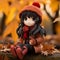 anime figurine sitting on the ground in autumn leaves