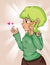 Anime girl with green hairs wears green sweater