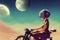 an anime girl with a helmet riding a vintage motorcycle on a sci fi planet, ai generated image