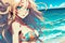 An anime girl with long blue hair, set against a sunny beach with sea waves, generative ai illustration