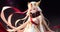 anime girl, long light gold hair, splendid white designer fashion show concept dress