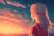 anime girl looks into the distance at a pink sunset. Generative AI