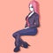 Anime girl with pink hair wearing a bohemian country outfit. Woman wearing a biker jacket and leather boots
