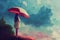 an anime girl with a pink umbrella standing on a hill and looking into clouds, ai generated image