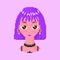 Anime girl. Pixel art 8 bit objects. Fashion Character Avatar. Retro game assets. Dreamy video arcade. Purple hair and