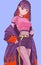 Anime girl with purple-red hair and a cloak with a fire print