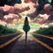 anime girl is walking a long road, at the end waits a rainbow and pink clouds, thinking of life, ai generated image