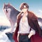 An anime handsome man with a big charming wolf at a top of cliff, fullbody portrait, animal, anime style