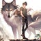 An anime handsome man standing on a top of a cliff with a big charming wolf behind him, anime style, animal, mountain