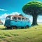 anime illustration abandoned van car with house that tree grow on it