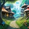 anime illustration scenery background old ancient village street among mushroom