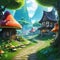 anime illustration scenery background old ancient village street among mushroom