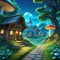 anime illustration scenery background old ancient village street among mushroom