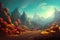 an anime illustration of an unexplored road into the mountains, autumn scene, ai generated image