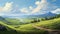 Anime-influenced Serene Pastoral Scene With Mountains And Path