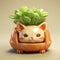 Anime-inspired 3d Cat In Pot With Exotic Plant - Fernando Amorsolo Style