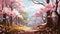 Anime-inspired Pink Path In Mountainous Landscape With Cherry Blossoms